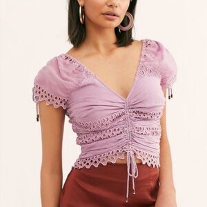 Free People Cecilia Corset Ruched Cutwork Lace Smocked Top Size Small